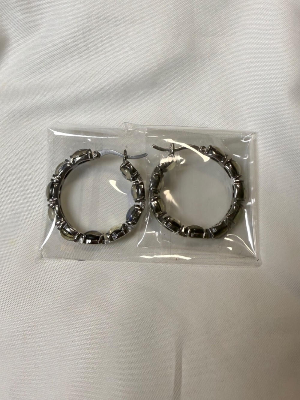 2 Pair Pink & Green Opal Resin Silver Tone Hoop Earrings Stainless Steel - Picture 2 of 7